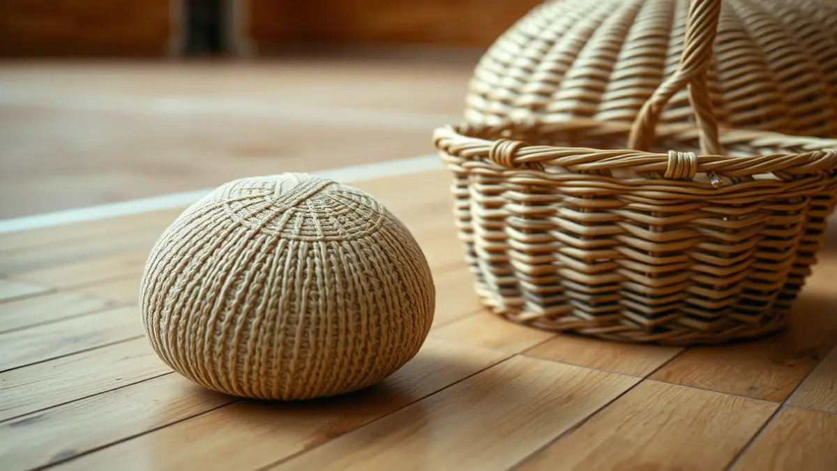 Pelota de cesta punta y una chistera sobre el suelo de madera de un frontón, con las líneas de la cancha difuminadas al fondo.