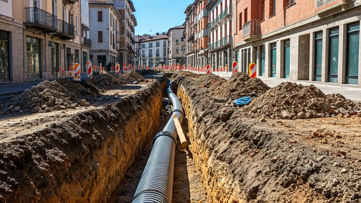 Astigarragako kale batean zanga ireki batean hodi handiak jartzen ari diren obren irudia.