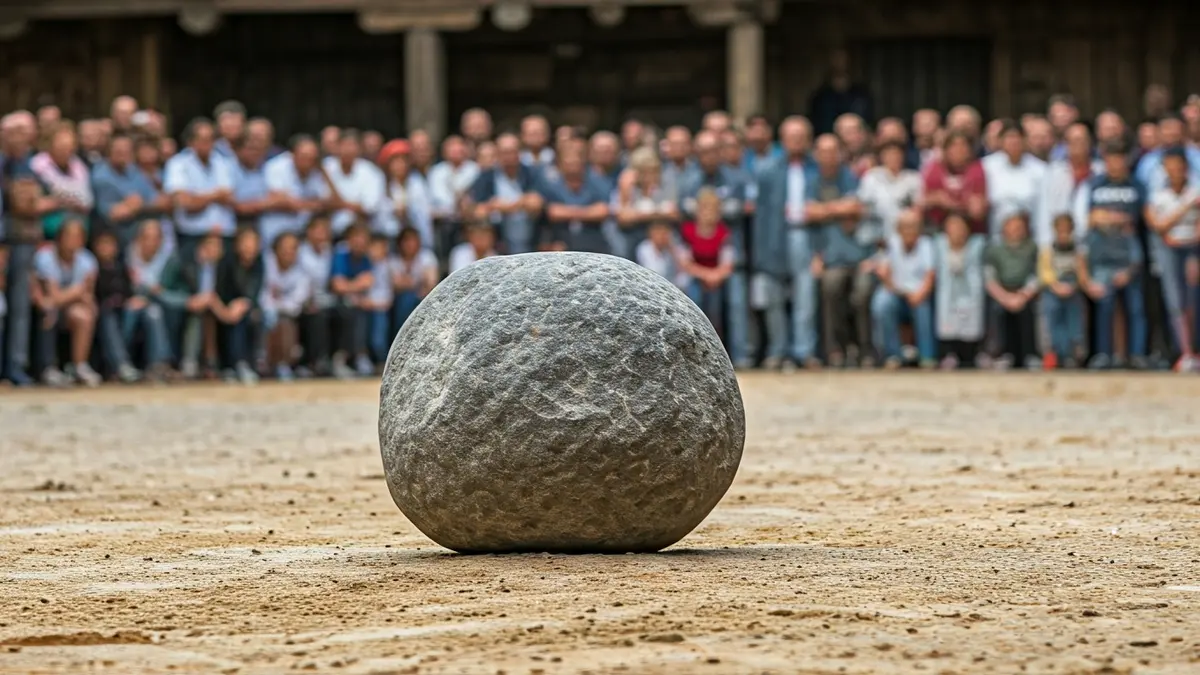 Generic image of a historical ox-pulling competition in Astigarraga, with a large stone and blurred spectators.