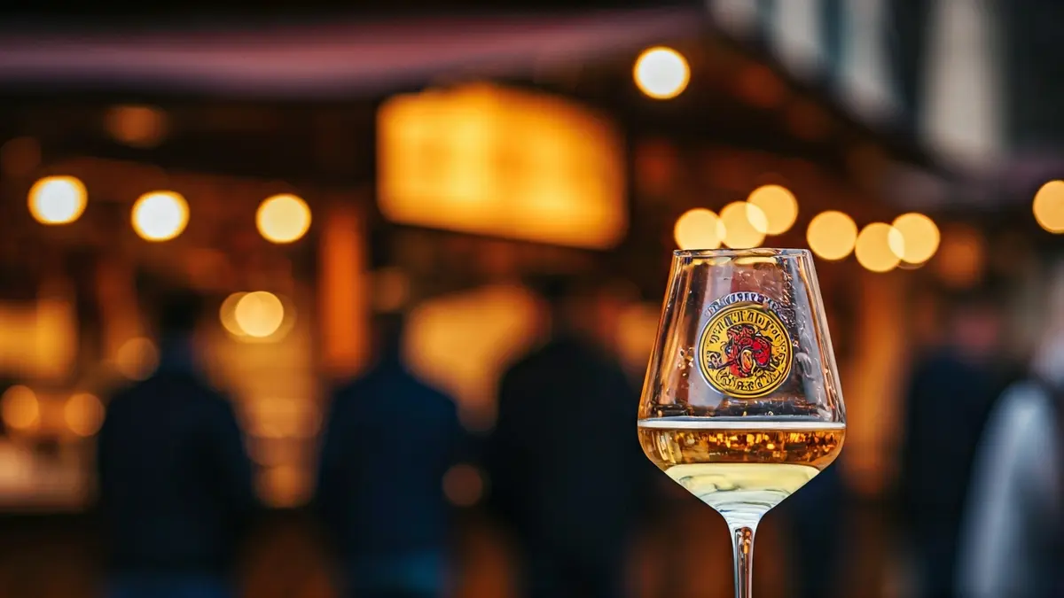 Un vaso de sidra, con el fondo borroso de un mercado en Frankfurt.