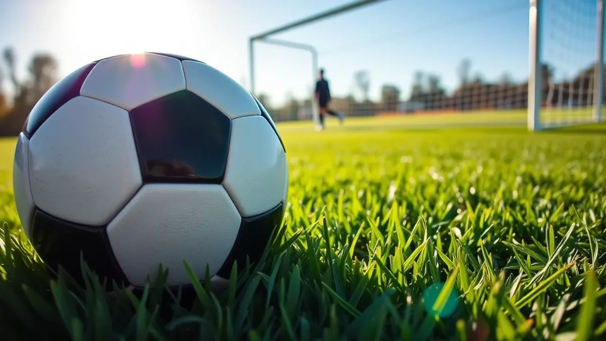 Imagen genérica de un balón de fútbol sobre césped, con una portería difuminada al fondo.