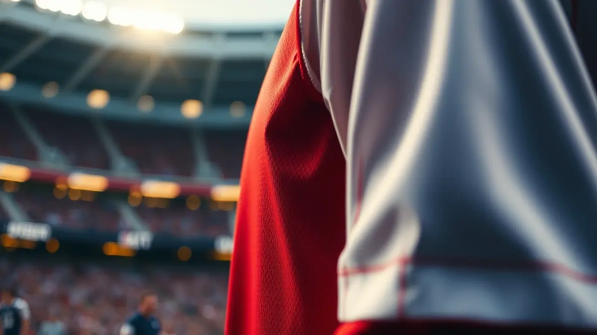 Generic image of a red and white Athletic Club jersey, with a blurred stadium background.