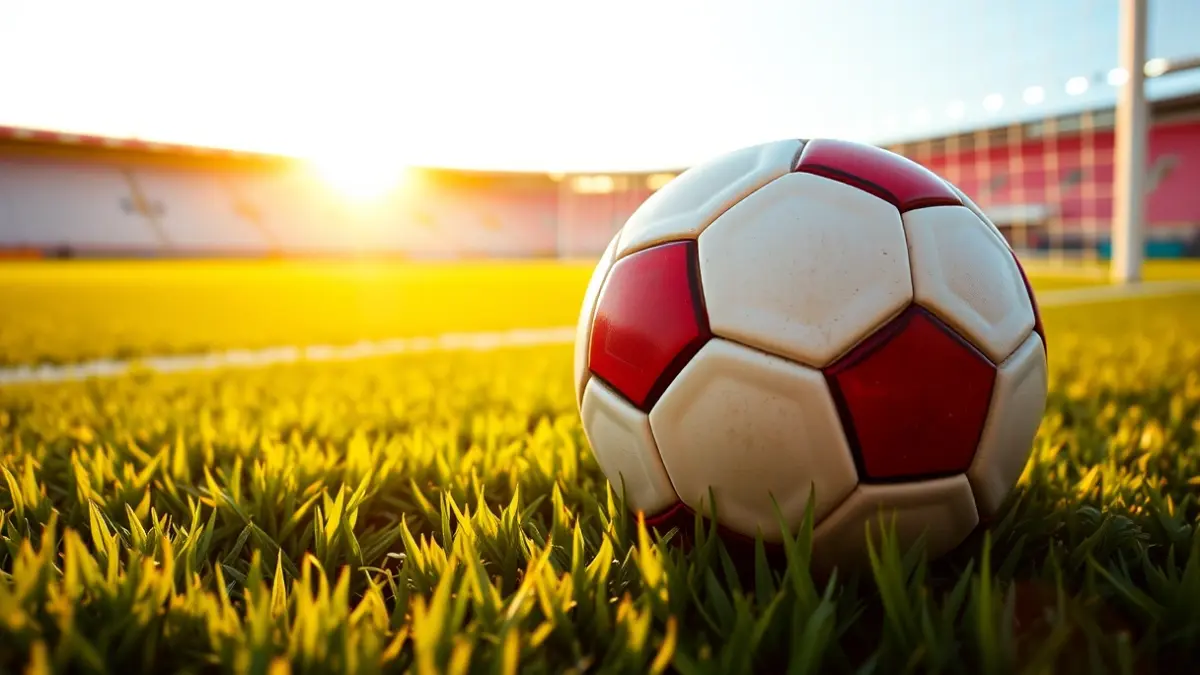 Generic image of a soccer ball on green grass, with a blurred goal in the background.