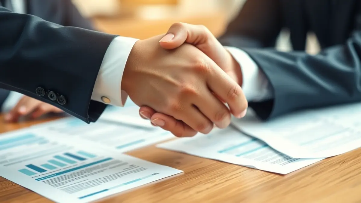 Irudi generikoa: Bi esku formalki jantzita mahai baten gainean elkarri ematen, negozio-erosketa edo fusio bat irudikatuz.
