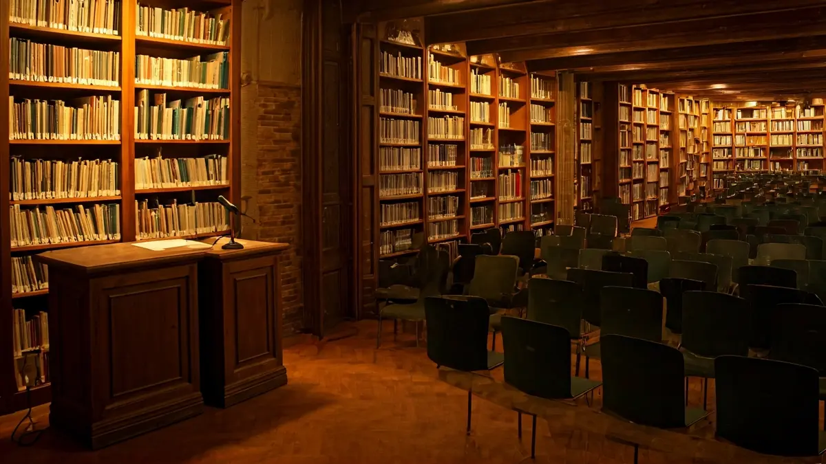 Irudi generikoa liburutegi baten barrualdekoa, mikrofono batekin eta aulki hutsekin.