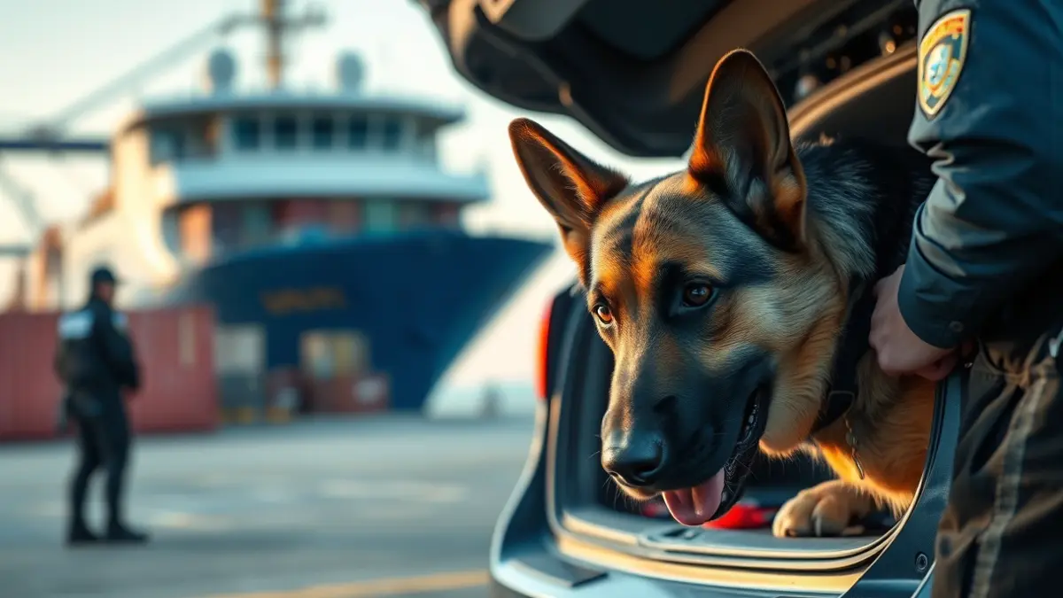 Generic image: A police dog sniffing a car trunk at a port.