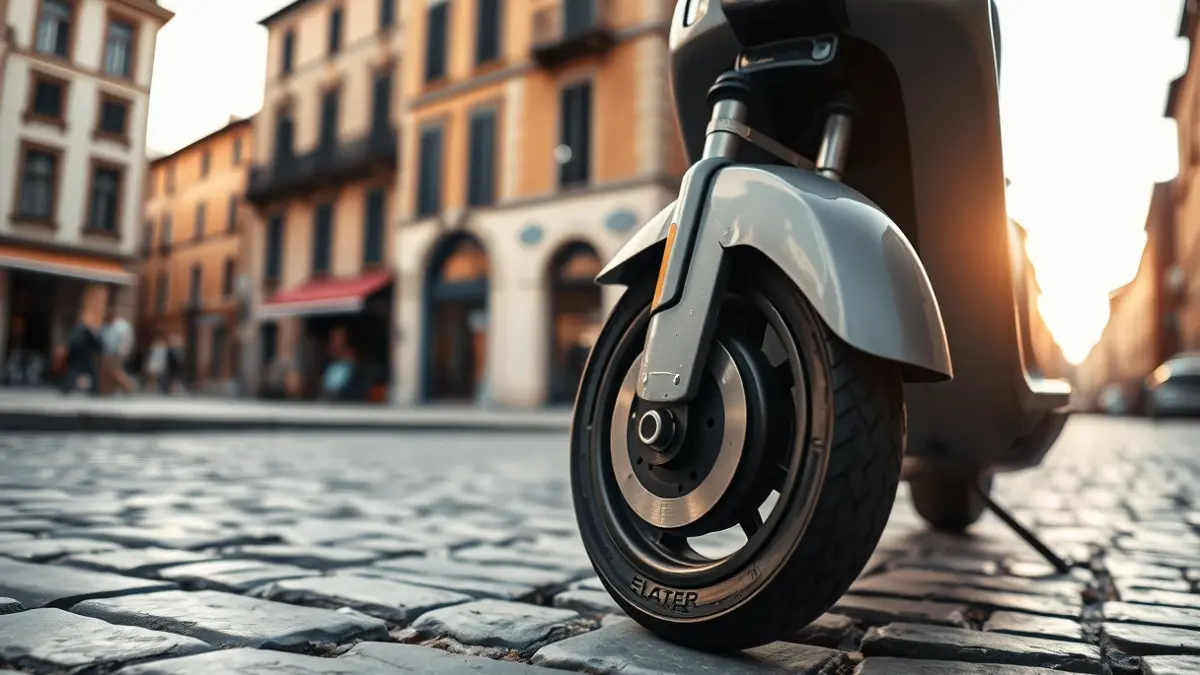 Irudi generikoa: patinete elektriko baten gurpila harrizko kale batean aparkatuta.