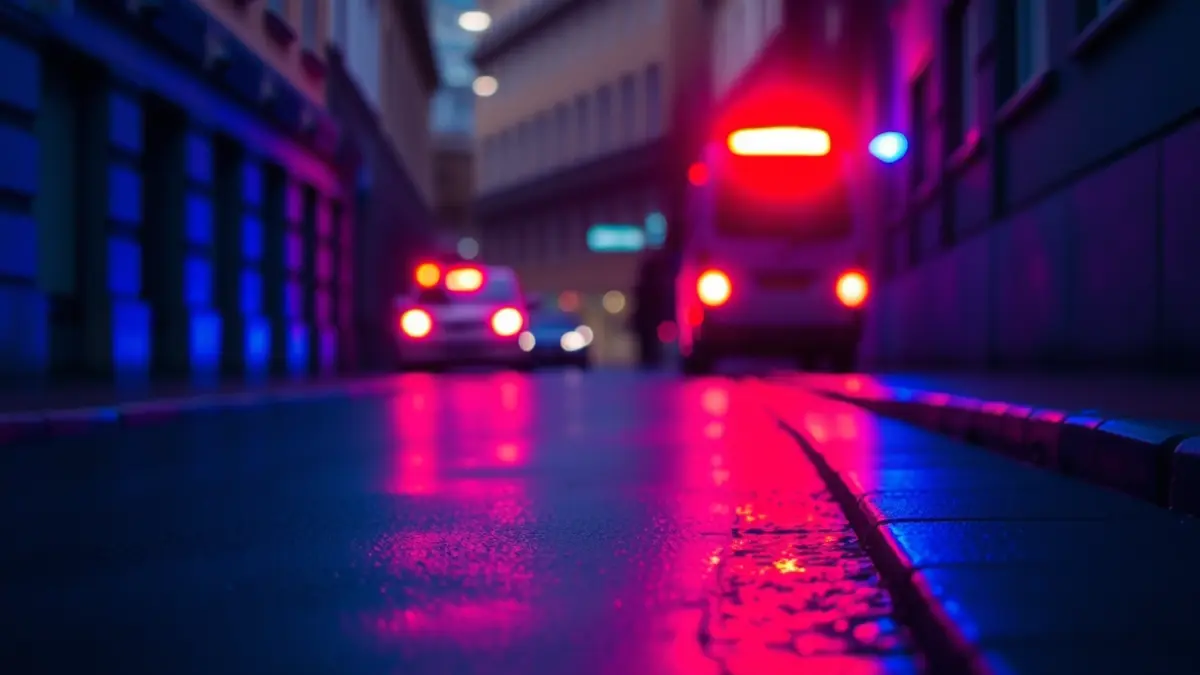 Imagen genérica: Luces de emergencia reflejándose en asfalto mojado de noche, en una calle estrecha de Bilbao.