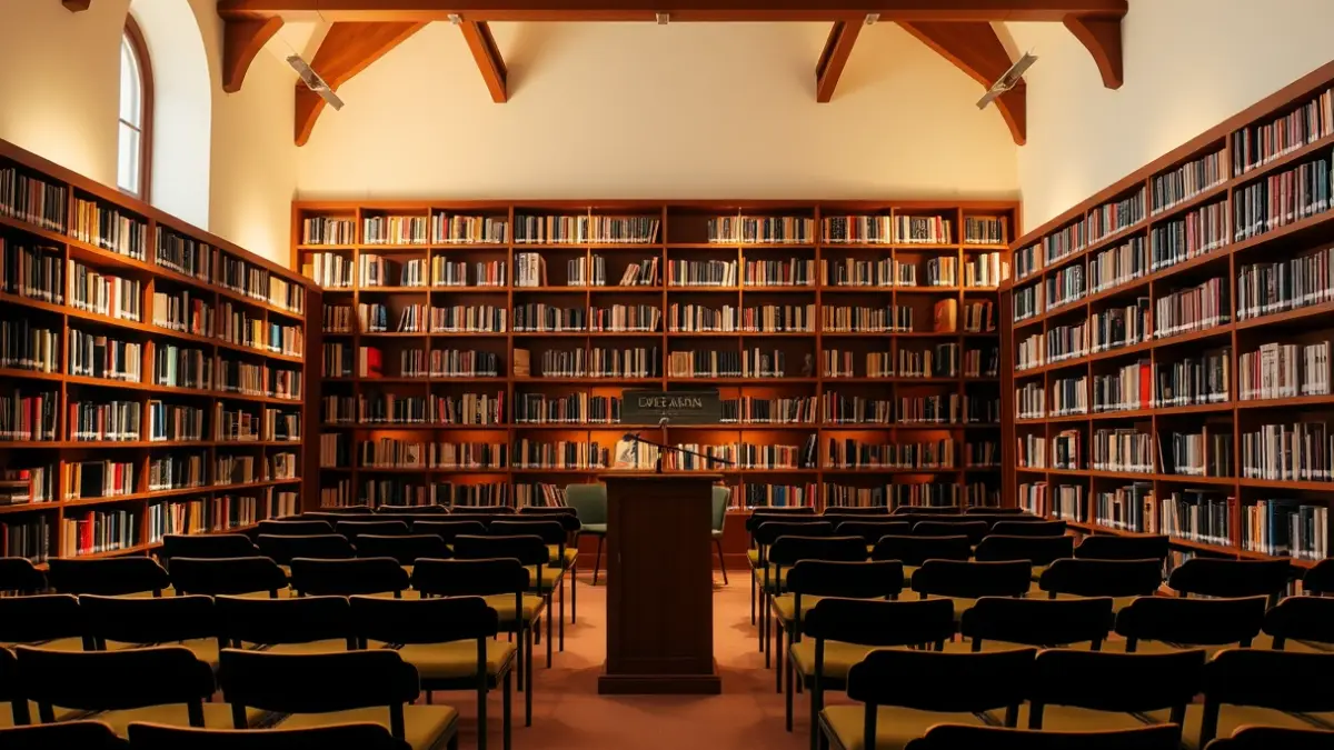 Imagen genérica del interior de una biblioteca con un micrófono y sillas vacías, en un ambiente de lectura acogedor.