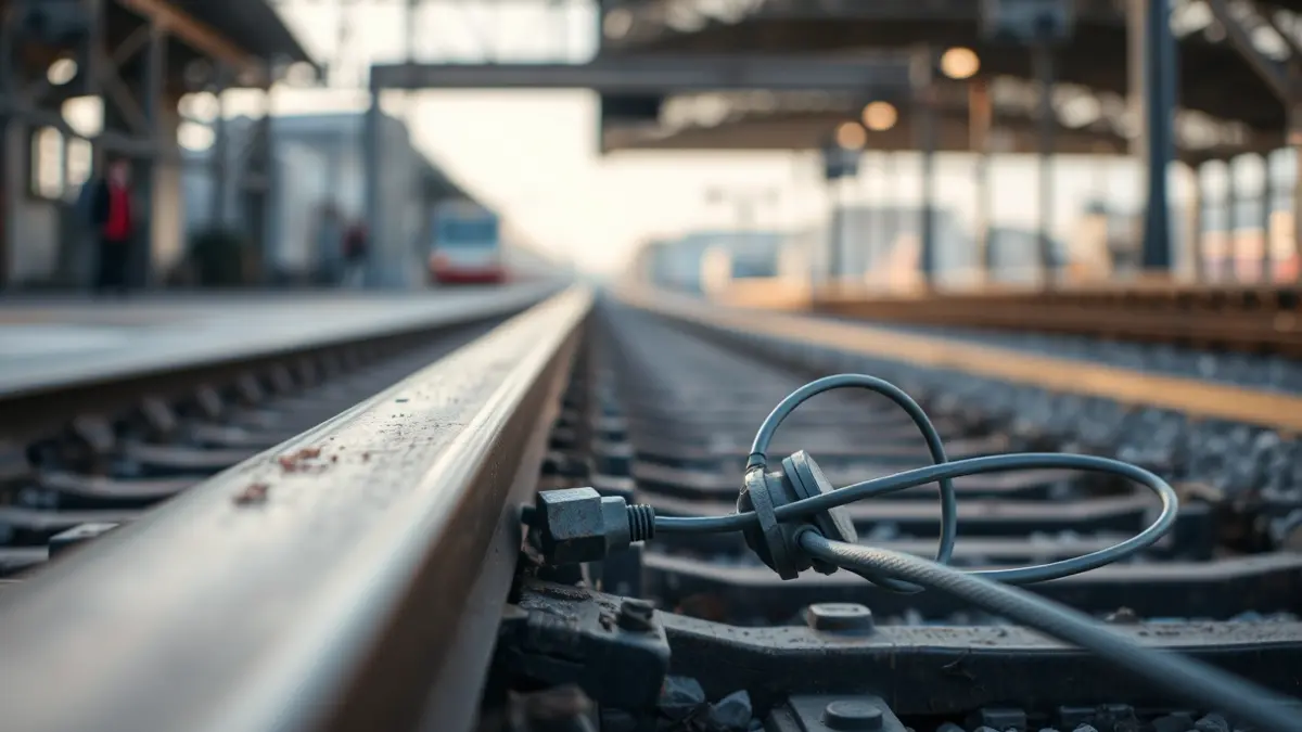 Trenbideko kable lapurtuaren irudi generikoa, atzealdean geltokia lauso ikusten dela.