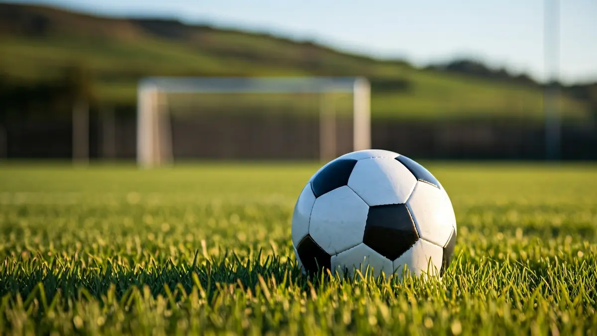 Imagen genérica de un balón de fútbol sobre césped, con la portería difuminada al fondo.