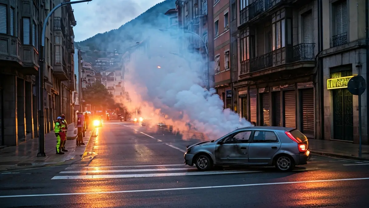 Image of a car burning on Portal de Elorriaga street in Vitoria-Gasteiz, with a column of smoke.