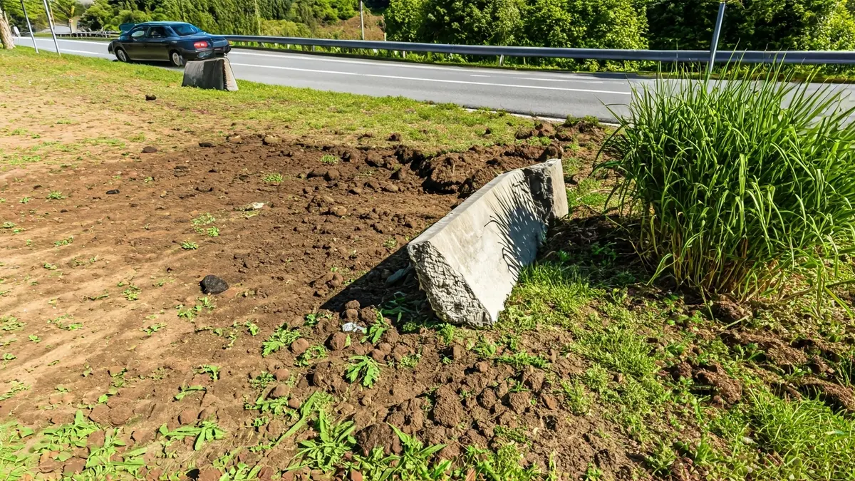 Barandilla de hormigón y zona ajardinada dañadas tras un incidente de tráfico en una carretera de Leioa.