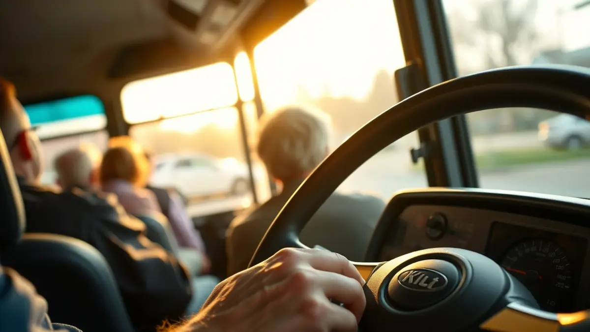 Generic image of a bus steering wheel and dashboard, with blurred passengers in the background.