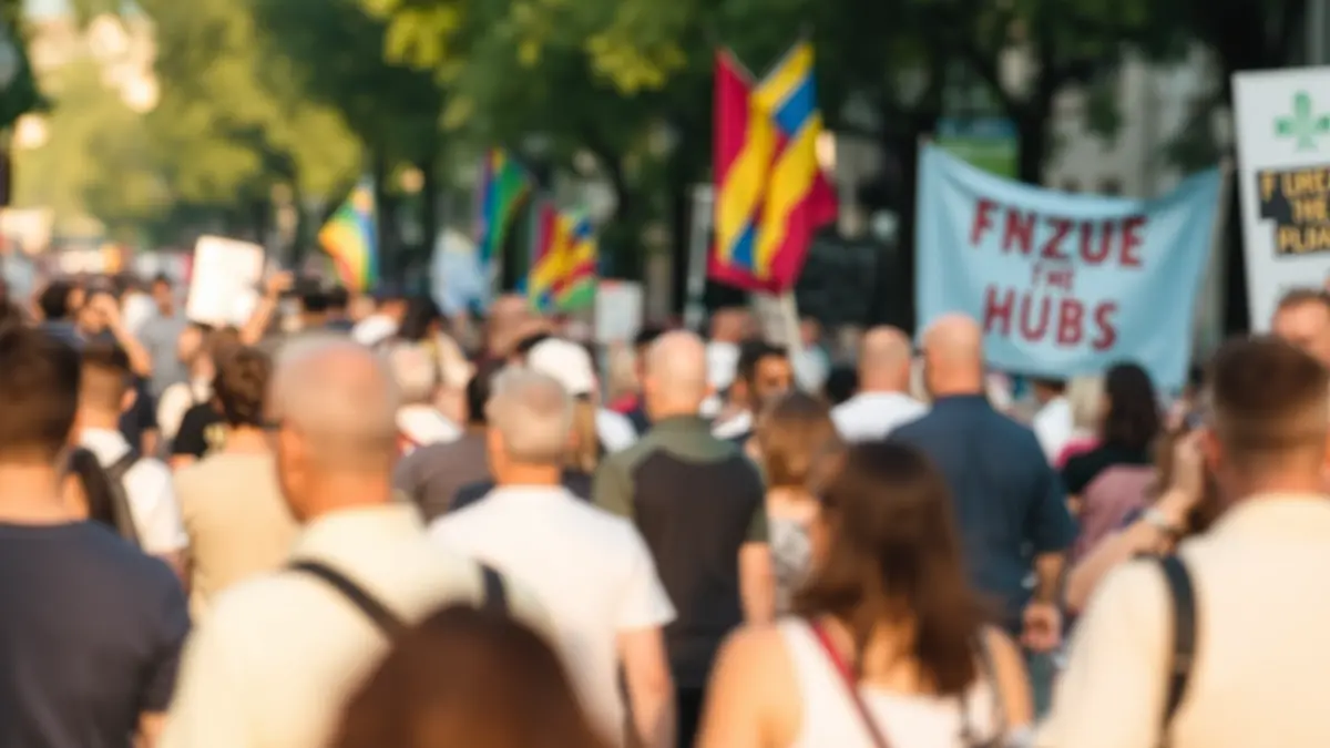 Generic image of a blurred crowd at a demonstration, with banners visible in the distance.
