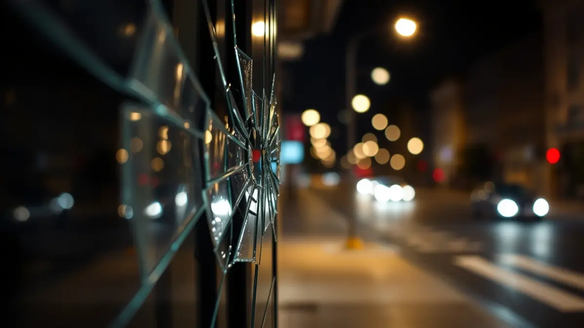Imagen genérica de un portal con un cristal roto, con luces de calle borrosas al fondo.