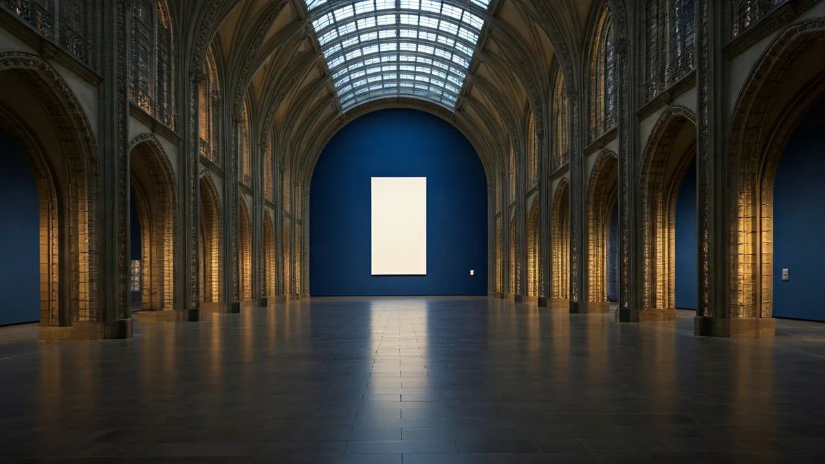 Museo areto huts baten irudi generikoa, argi naturalarekin eta horma huts batean foku batekin.