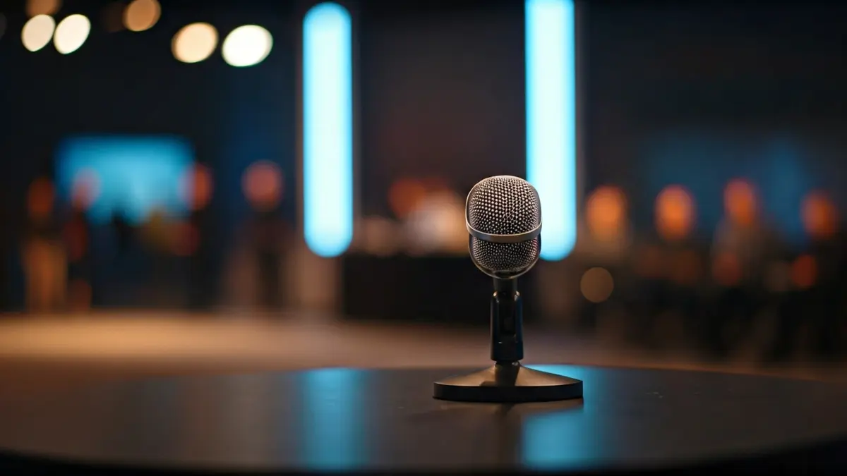 Irudi generikoa mikrofono baten estudio batean, podcast bat grabatzen.