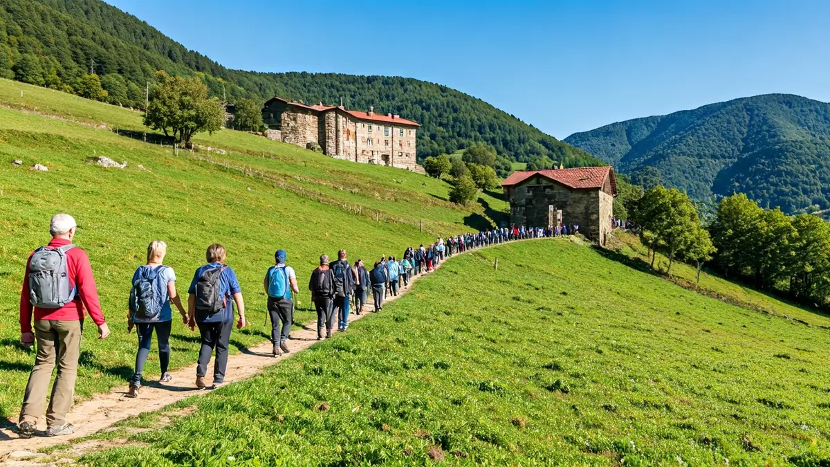 Generic image of people participating in a mountain march in a green landscape.