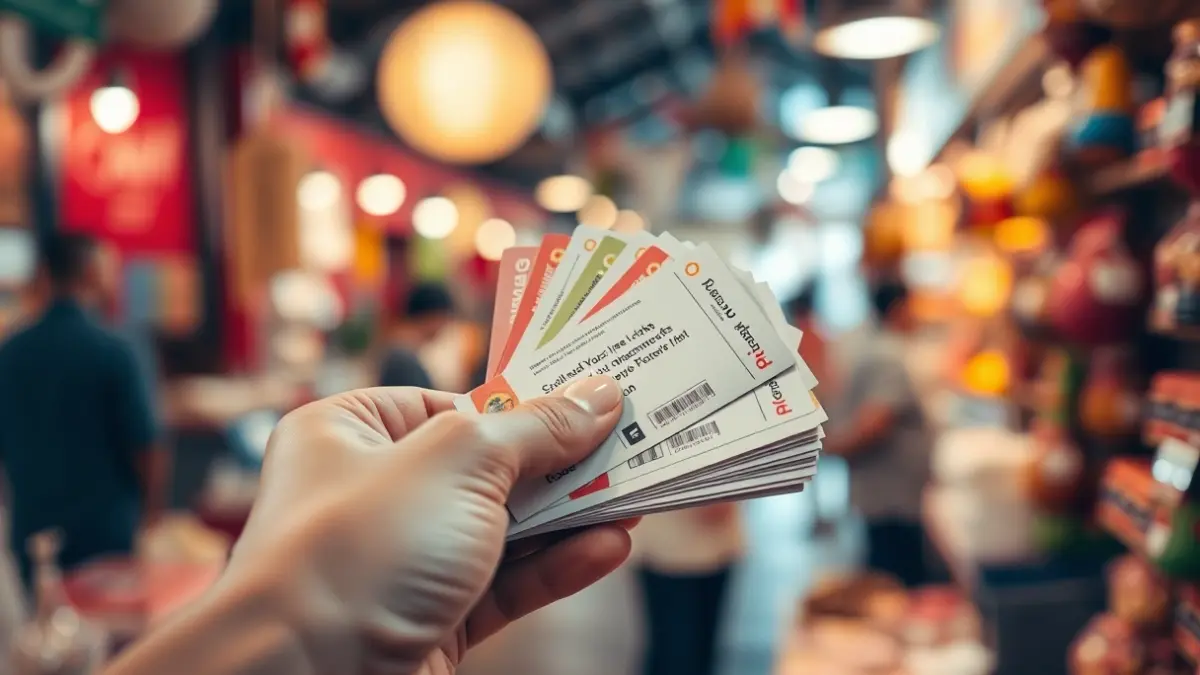 Generic image of a stack of colorful vouchers in a hand, with a blurred background.