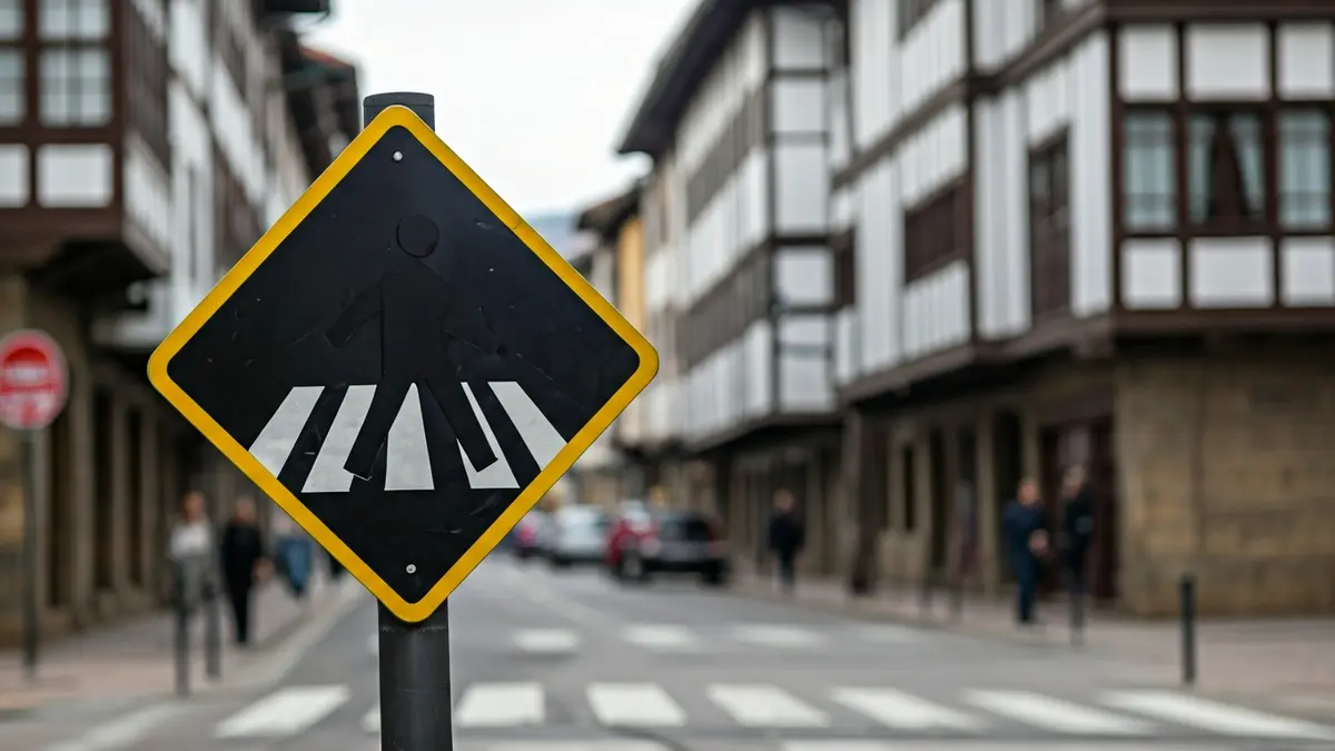 Generic image: A pedestrian crossing sign on a street in a Basque town, with blurred cars and people in the background.