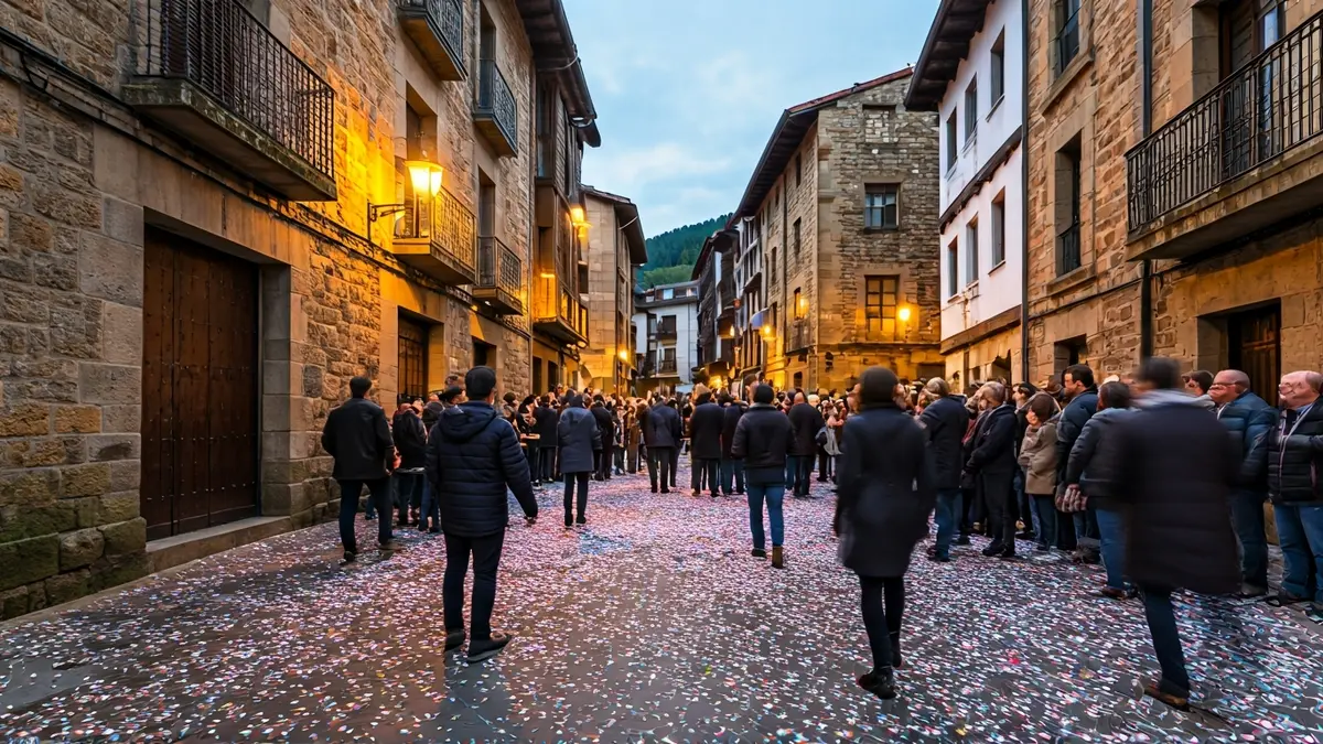 Irudi generikoa Azkoitiko kalejira baten, jendea eta konfetia ikusten direla.
