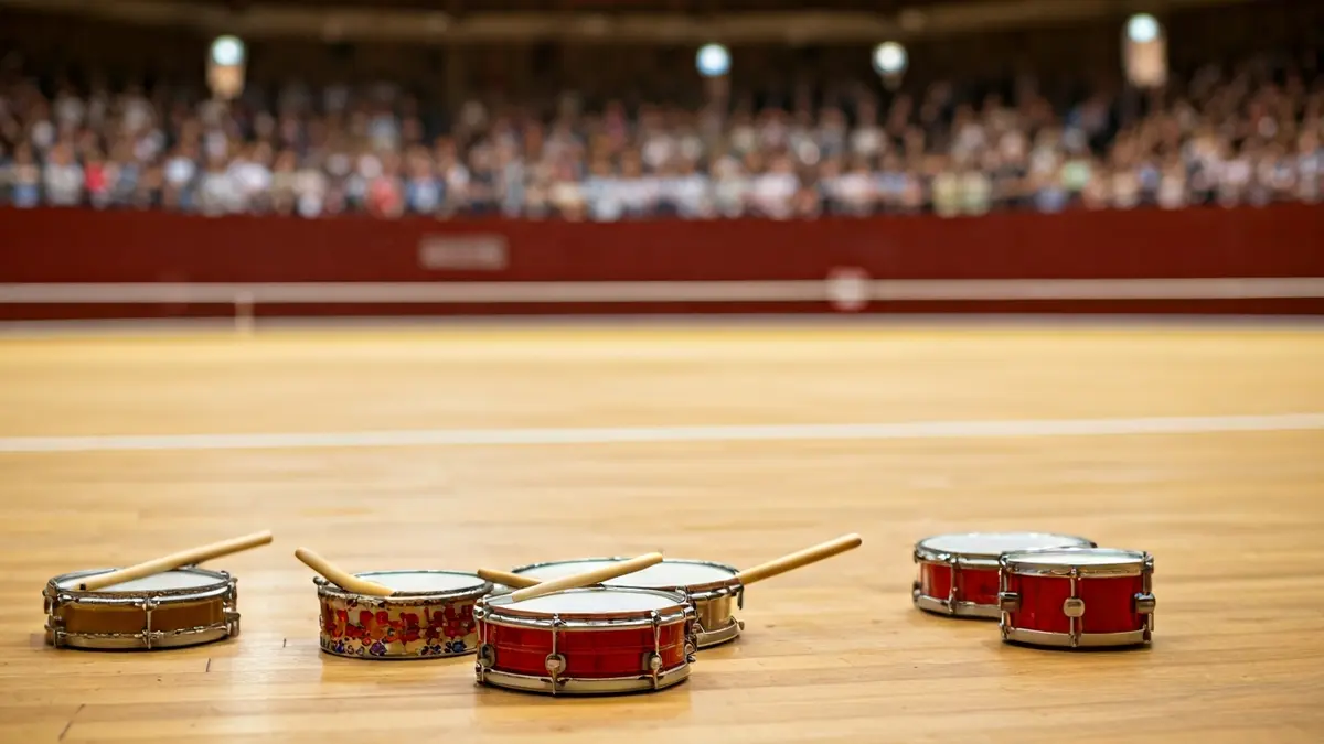 Azkoitiko haurren danborradako entsegu baten irudi generikoa, danborrak eta makilak lurrean.