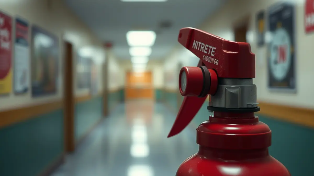Generic image of a fire extinguisher nozzle with a blurred school hallway background.