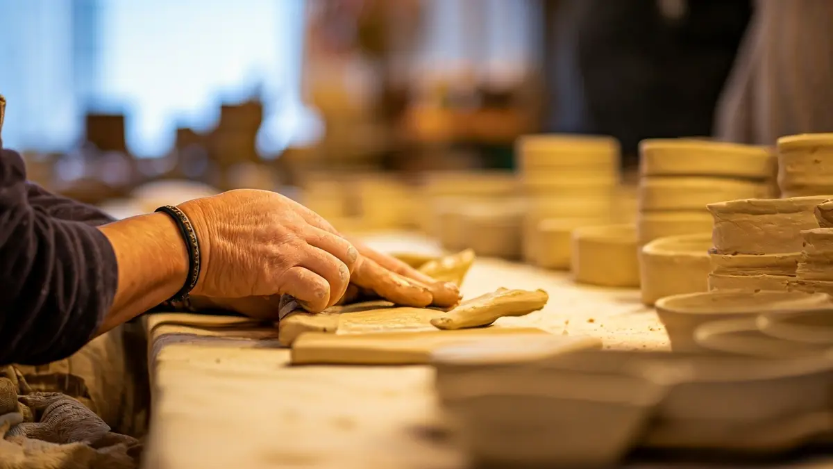 Irudi generikoa artisau baten eskuak materialekin lanean, atzealdean azoka giro lausoa.