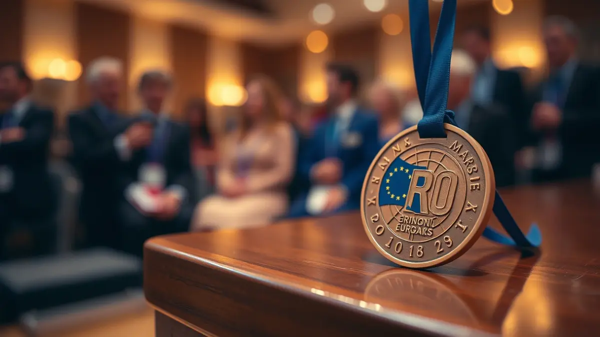 Brontzezko domina baten irudi generikoa, Europako Batasuneko bandera diseinu sotil batekin, egurrezko gainazal leun baten gainean.