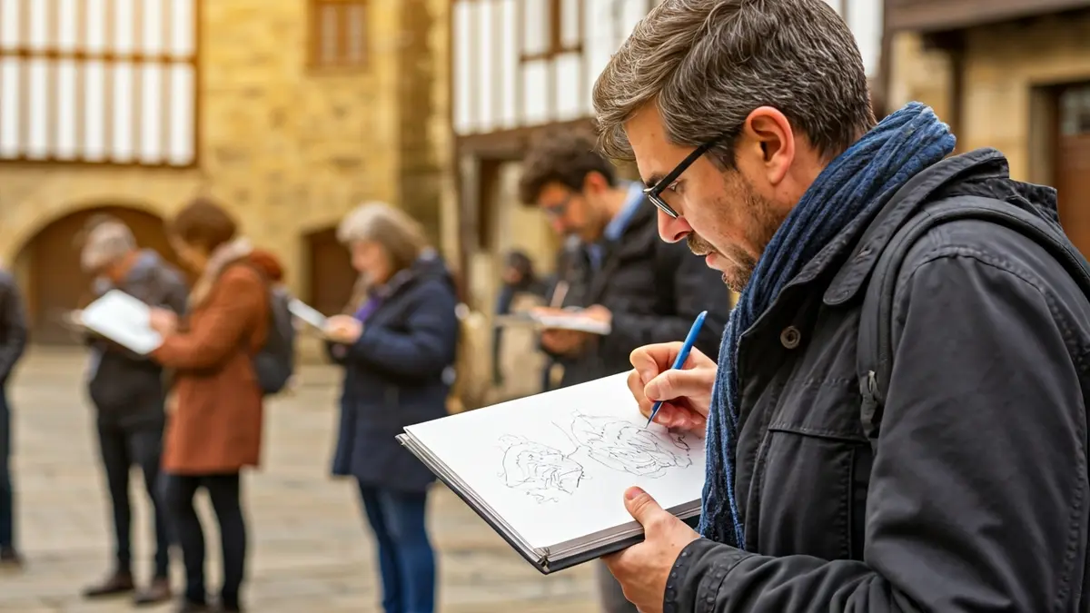 Azpeitiko Alde Zaharrean marrazten ari den jende talde baten irudia.