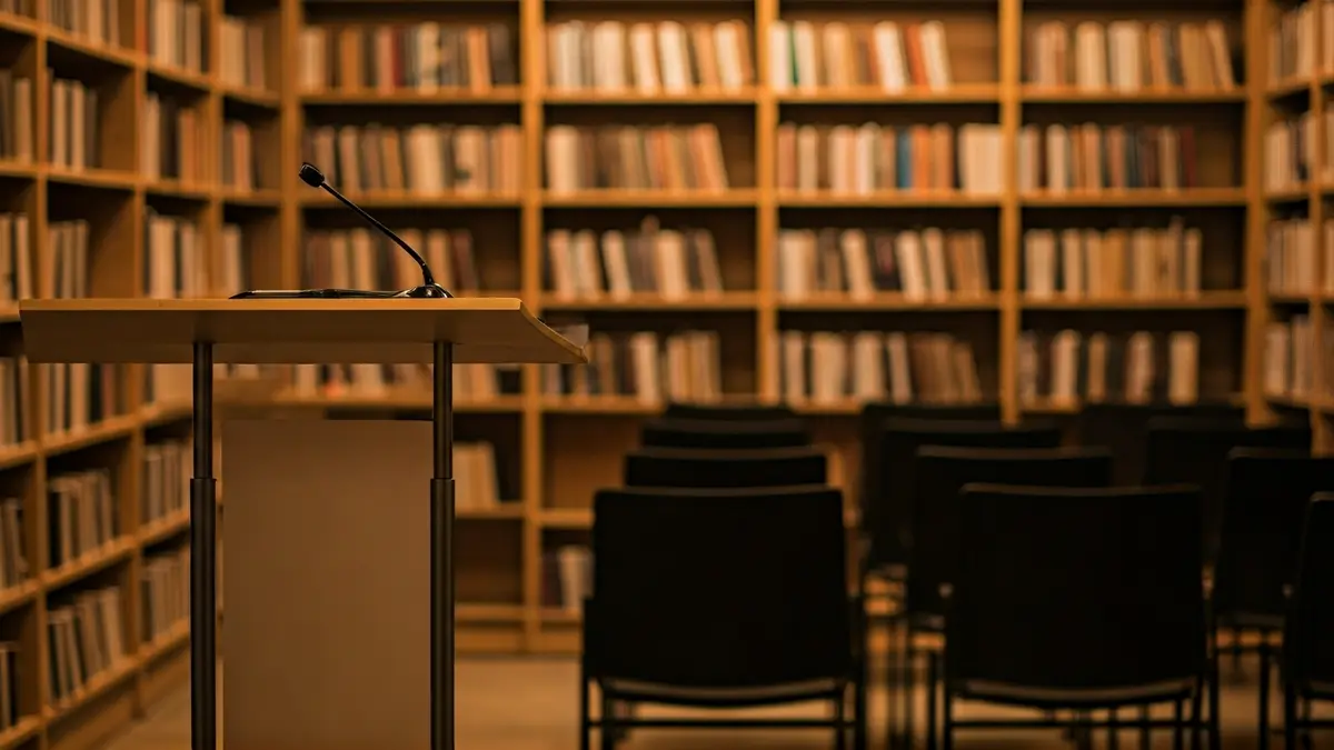 Imagen genérica de un micrófono y podio en una biblioteca, con iluminación cálida.