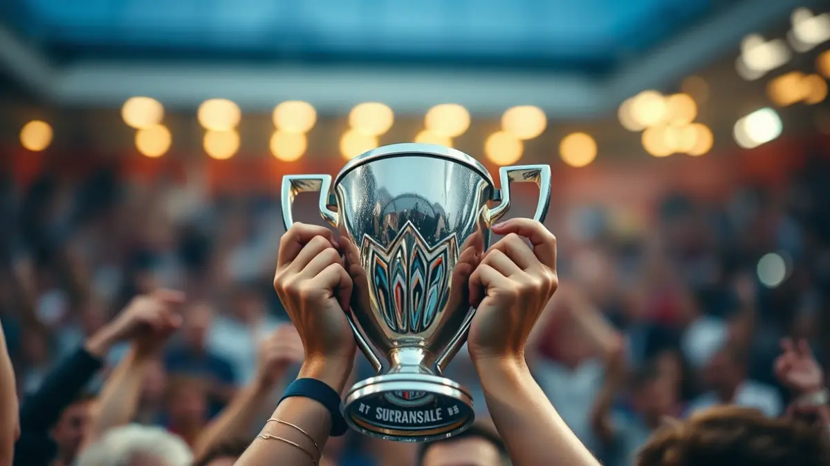 Generic image of a football trophy held in hands, with a blurred crowd in the background.