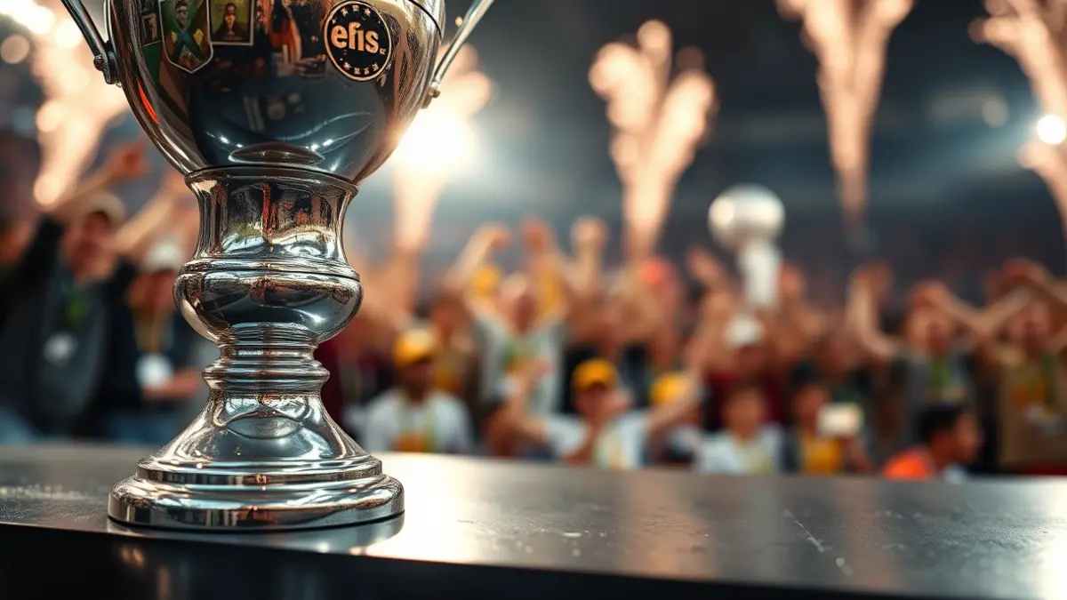 Generic image of a sports trophy in close-up, in a celebratory atmosphere.