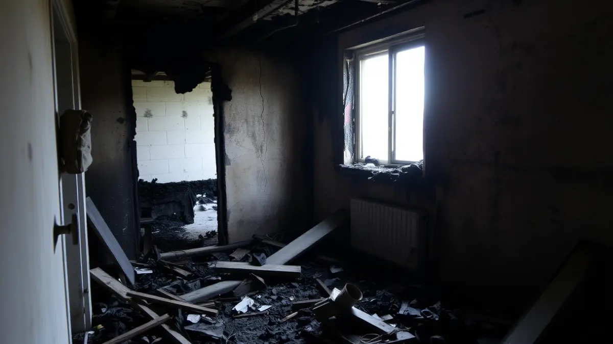 Interior of a damaged apartment after a fire, showing charred debris and structural elements.