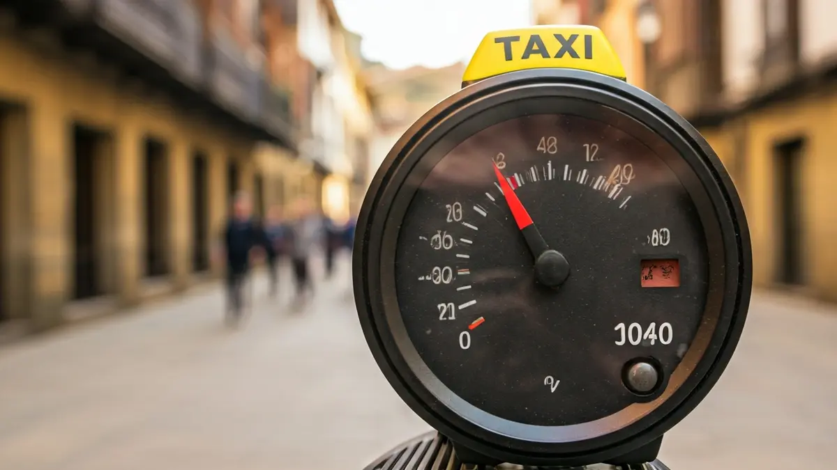 Irudi generikoa taxi-kontagailu batena, Azpeitiko kale baten atzealde lausoarekin.