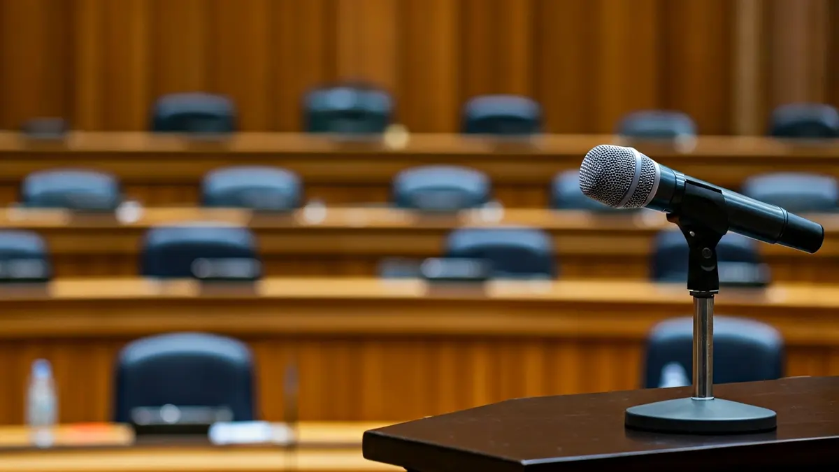 Irudi generikoa udalbatzar bateko mikrofono batena, atzealdean aulki hutsak dituela.