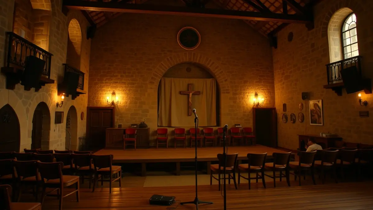 Generic image of a bertsolari championship, showing a microphone and chairs.