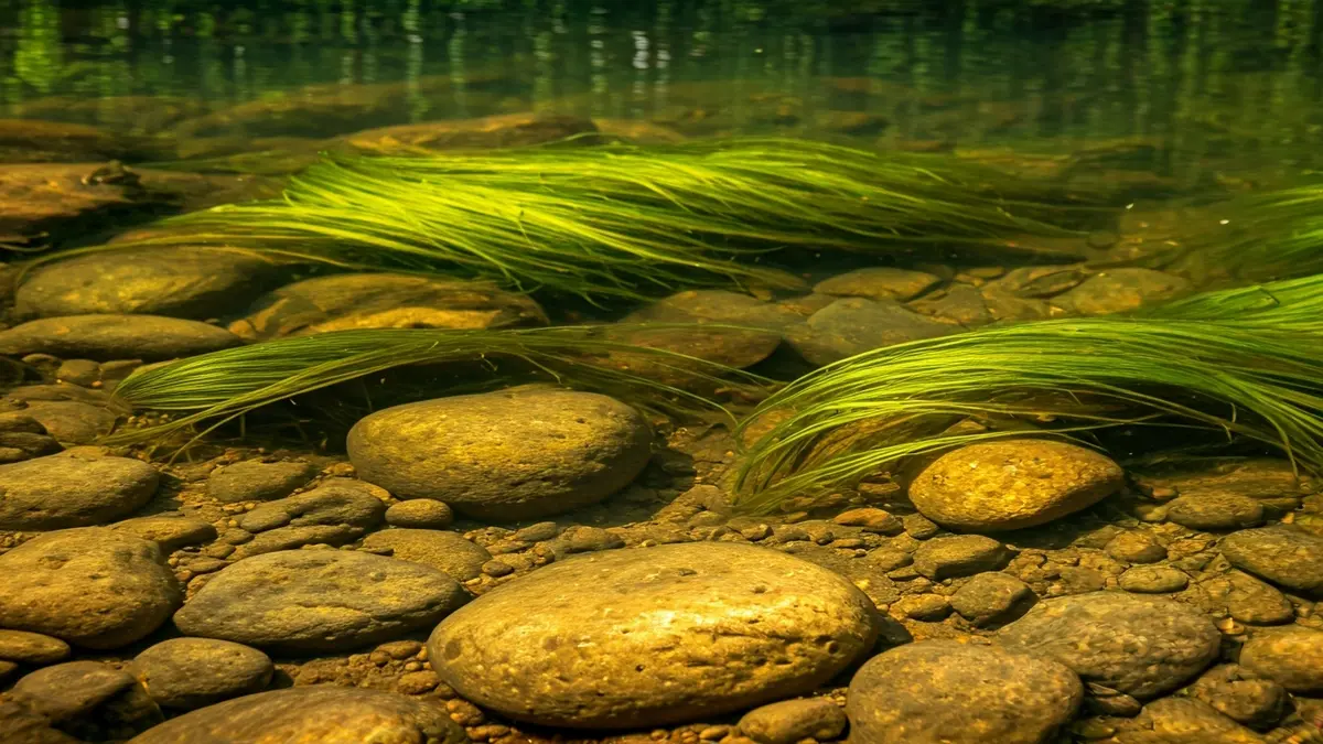 Irudi generikoa ibai ekosistema baten hurbileko plano batekin, ur gardenarekin eta landare akuatiko berdeekin.