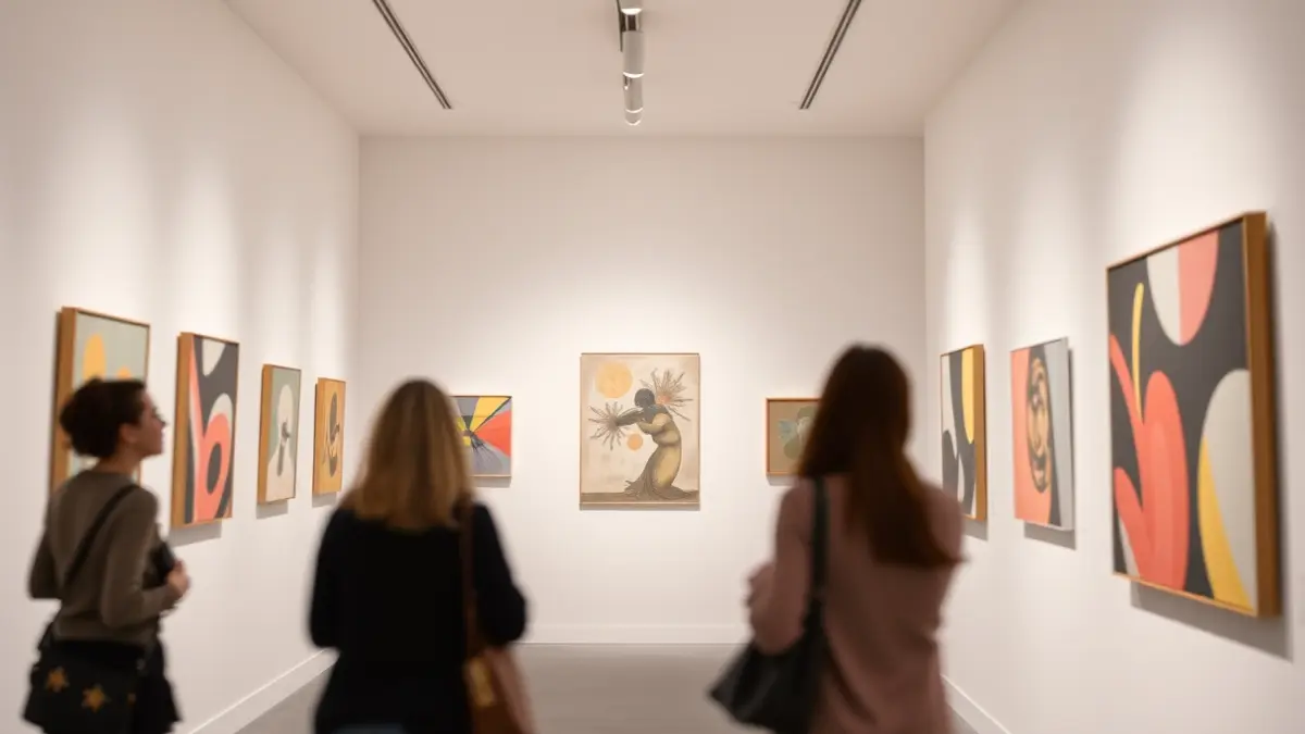 Generic image of an art gallery interior with abstract paintings on white walls.