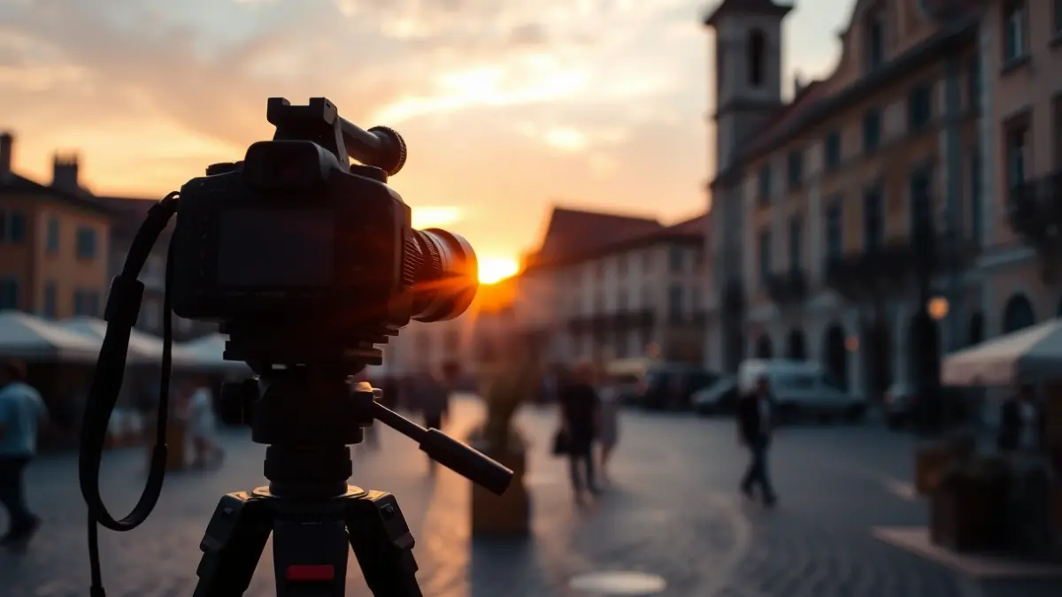 Imagen genérica de un festival de cine, con un trípode de cámara al atardecer en una plaza de pueblo.