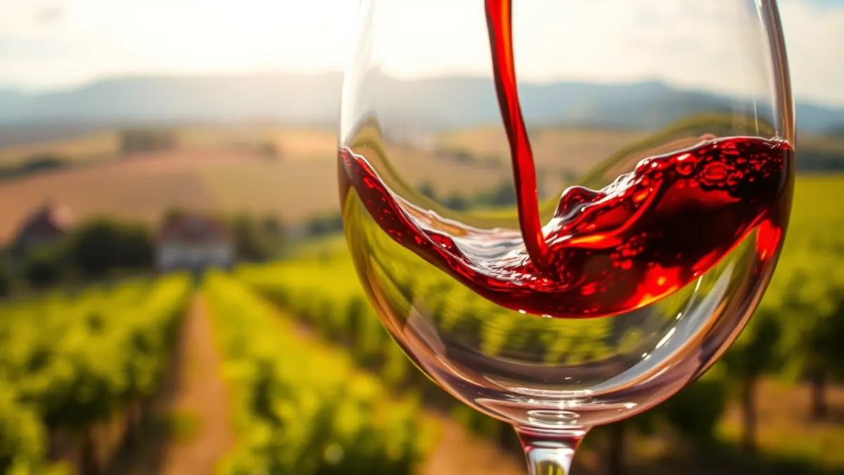 Wine glass being swirled, with blurred European vineyards in the background.