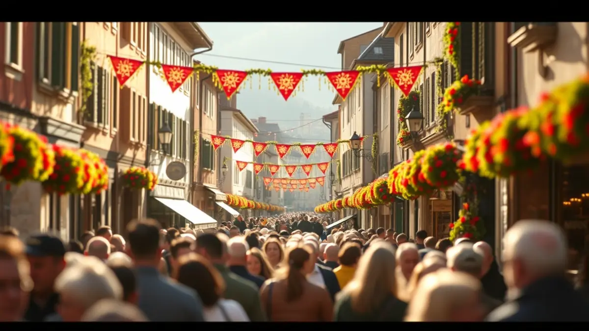 Generic image of a festive street scene, with blurred crowds and colorful decorations.