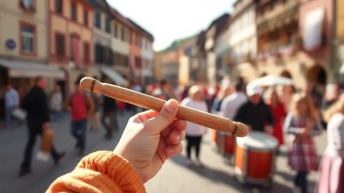 Irudi generikoa haur baten eskuarena danbor makila batekin, prozesio bat iradokitzen duena.