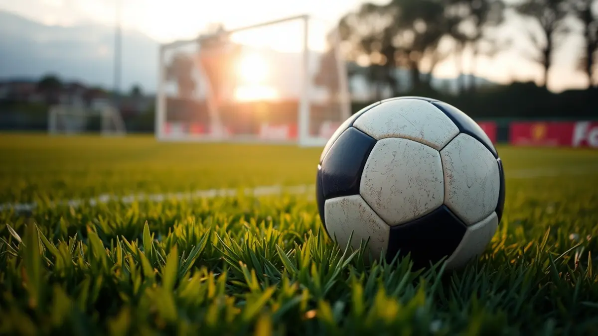 Irudi generikoa futbol zelai bateko baloi batena, sare lauso batekin atzealdean.