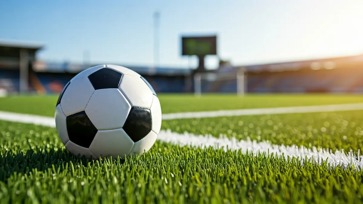 Irudi generikoa futbol zelai bateko baloi baten gainean, atzealdean atea lausotuta.