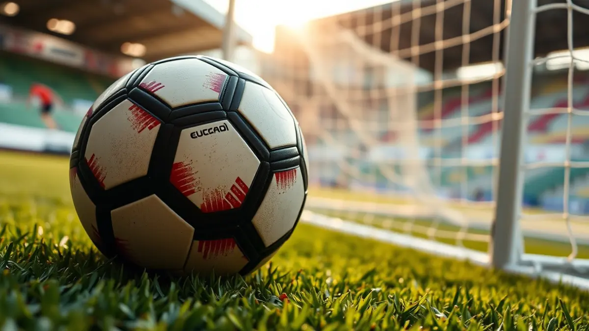 Generic image of a soccer ball on green grass, with a blurred goal net in the background.
