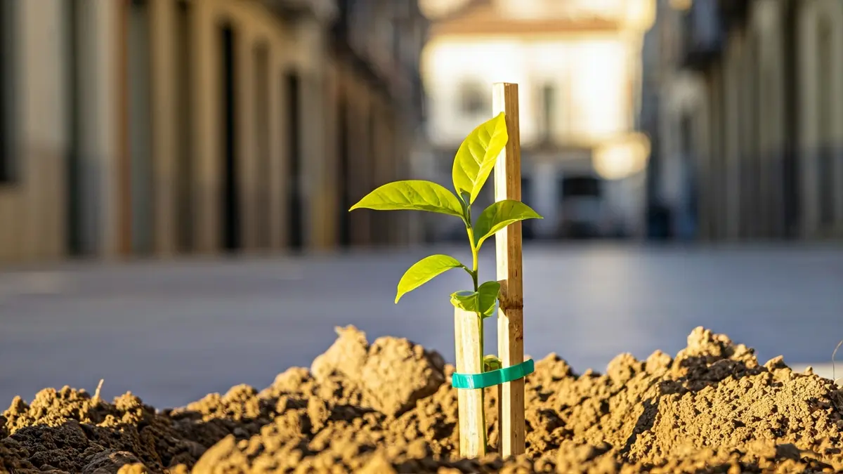 Barakaldoko kale batean landatutako zuhaitz gazte baten irudia.