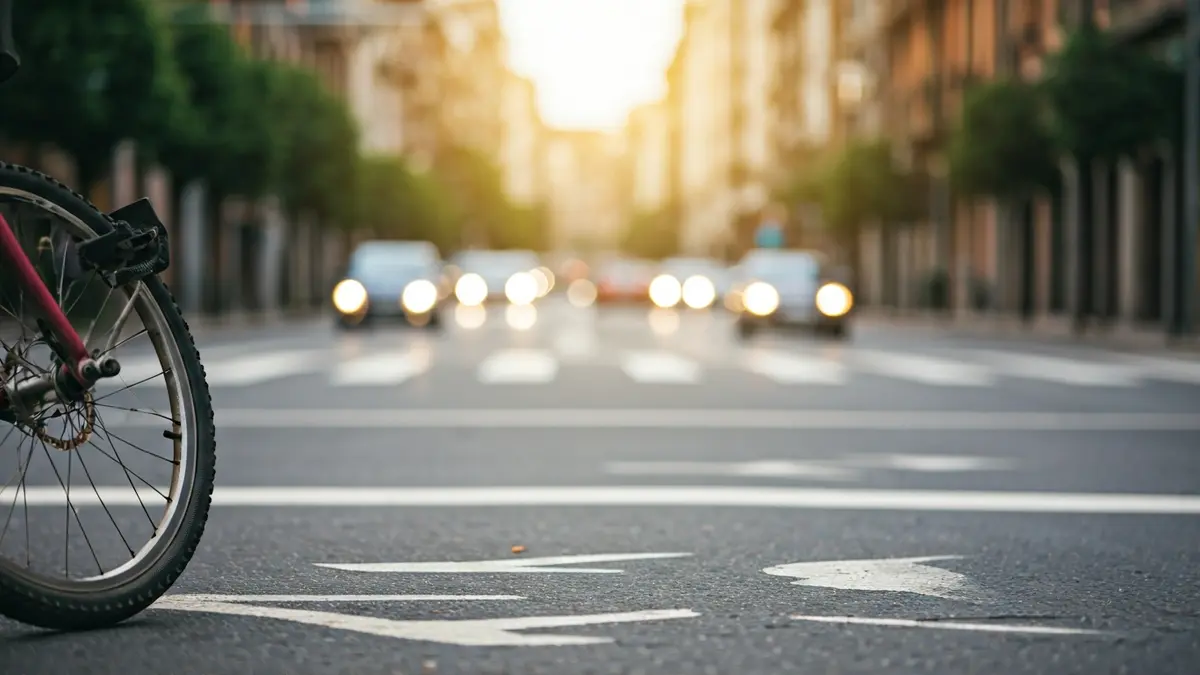 Generic image of a bicycle wheel on a shared urban street, with blurred car traffic in the background.