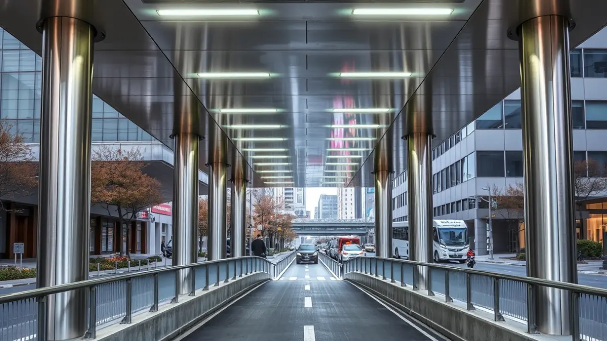 Renovated underpass in Barakaldo's Pormetxeta square, featuring narrow columns and improved lighting.